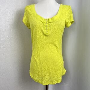 Y2K‎ Lei Top Juniors XL Yellow Leopard Burnout Sheer Henley Retro Punk Festival
